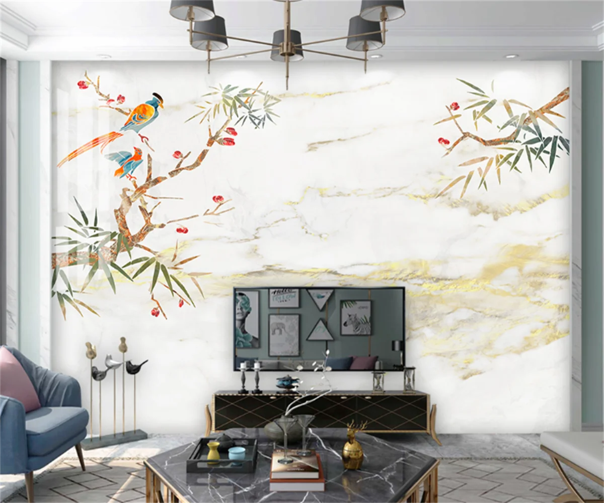 

Modern jazz white landscape imitation marble pattern new Chinese background wall stickers custom living room 3D mural papier