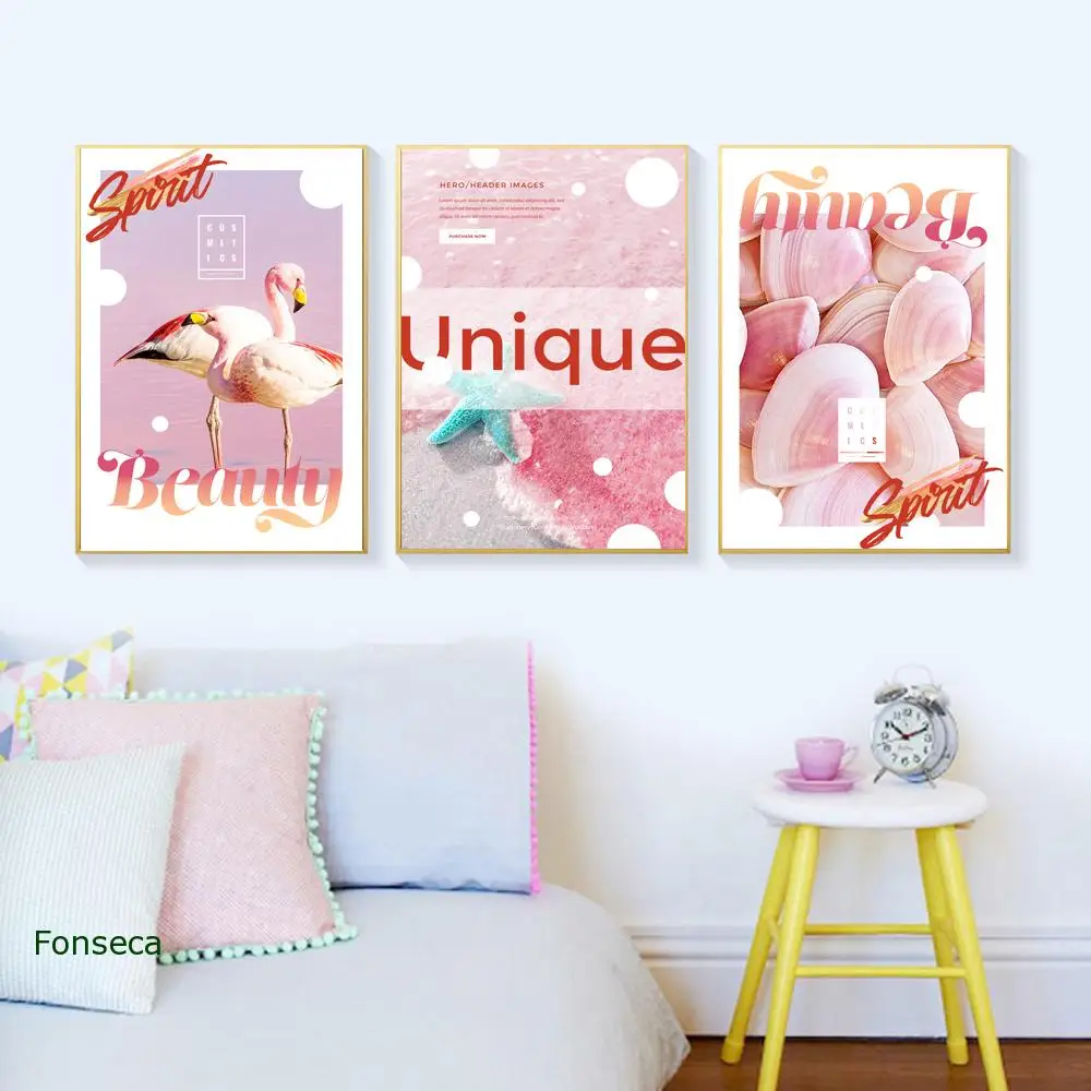 

Unique Dreamy Poster Nordic Animal Canvas Painting Pink Flamingo Shell Pictures On The Wall Kids Bedroom Modern Home Decoration