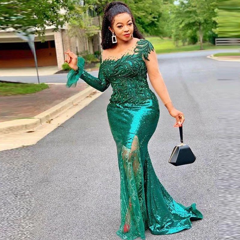 Green Sequined Mermaid Evening Dresses With Sheer Neck Beads Appliques Formal Party Gowns Long Sleeves Women Prom Dress Aso Ebi