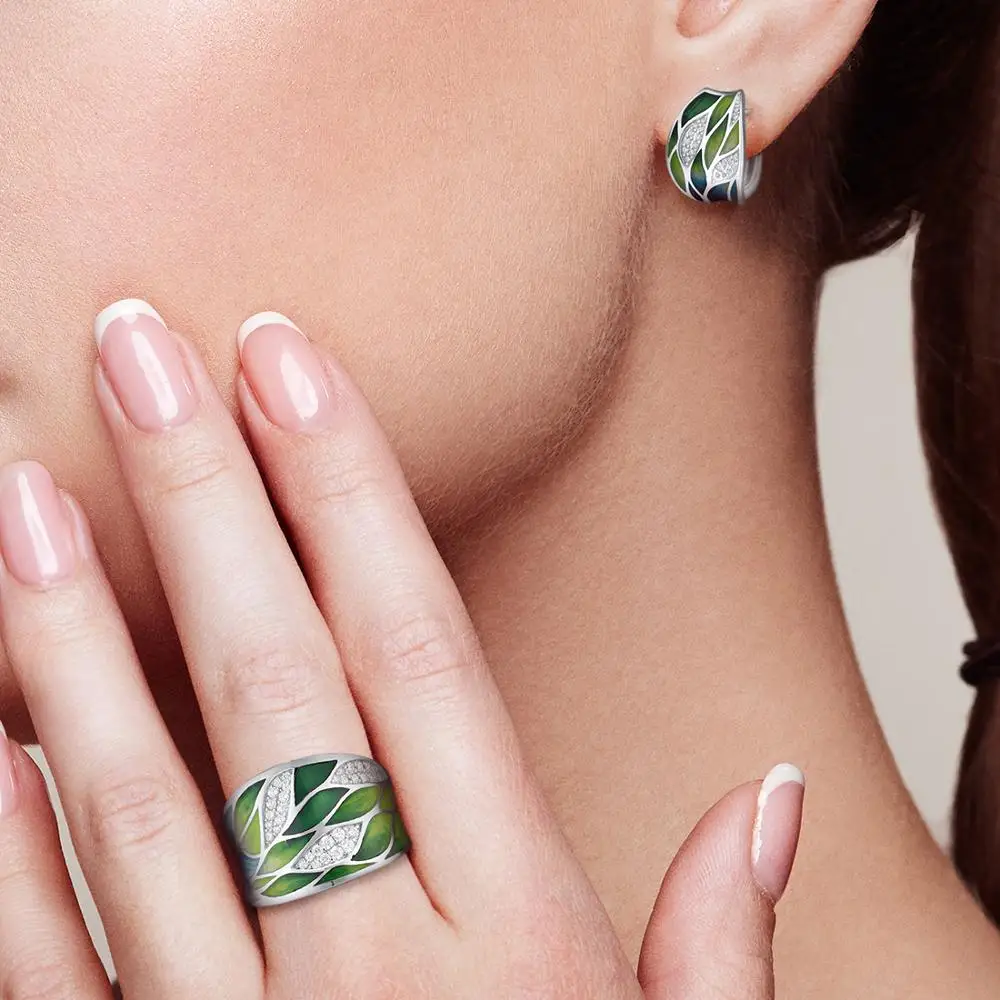 SANTUZZA 925 Silver Jewelry Set For Women Green Bamboo Leaves Dazzling Earrings Ring Set Elegant Fine Jewelry Handmade Enamel
