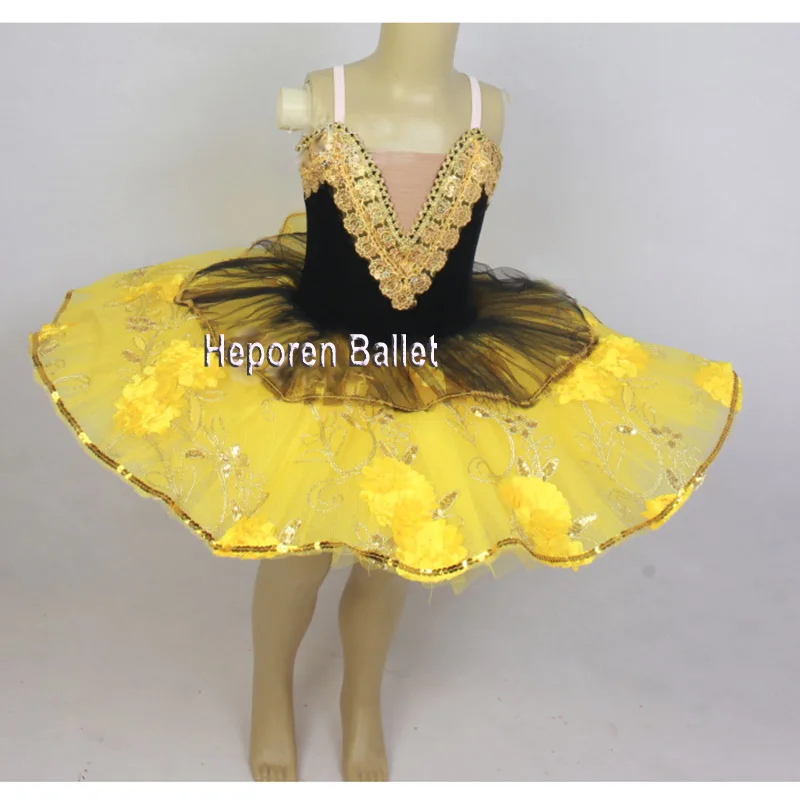 Vestito da Tutu di danza classica giallo/oro per bambini bambino donna Ballerina costumi da ballo Top nero fiore giallo e decorazioni decorative