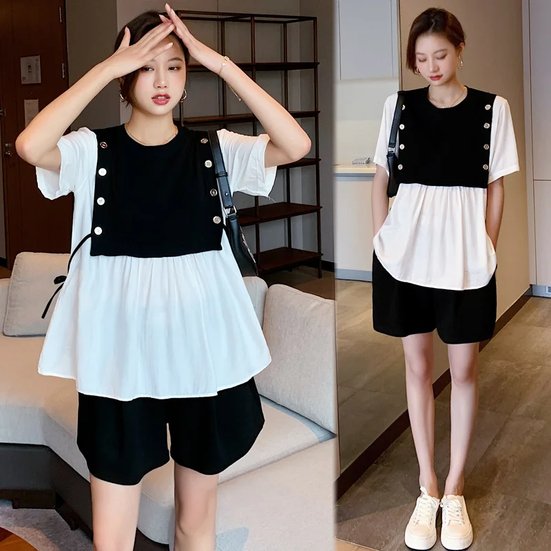 

Summer Korean Fashion Patchwork Loose Maternity Shirt + Belly Shorts Sets Clothes for Pregnant Women Pregnancy Suits