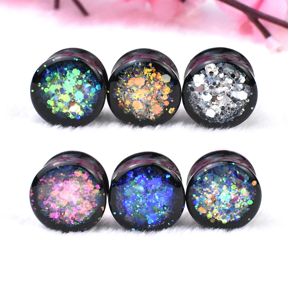 6-30mm Multicolor Paillette Ear Gauges Plugs Tunnel Black Acrylic Ear Expander Stretcher Piercing Earring