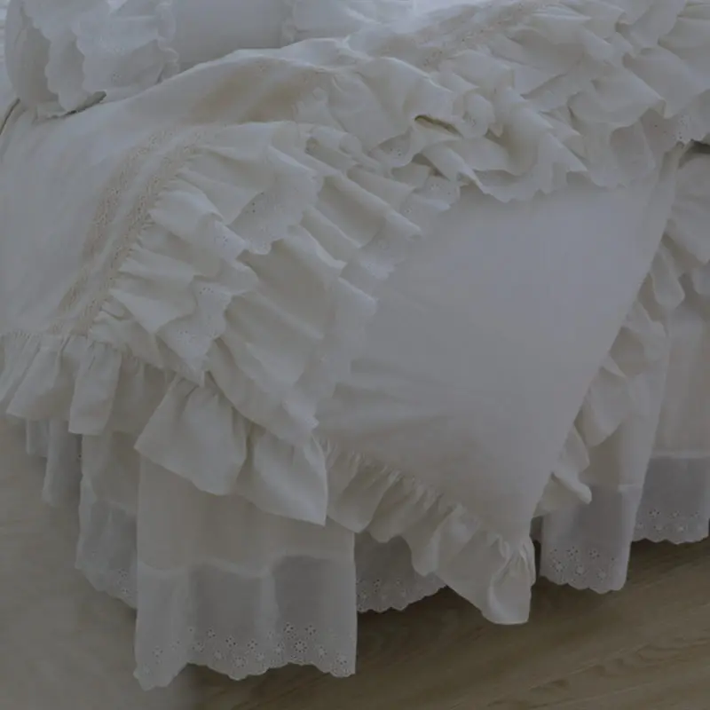 Amazing luxury bedding set king size embroidery big ruffle lace layer duvet cover bedspread princess bed linen pillowcase HM-02W