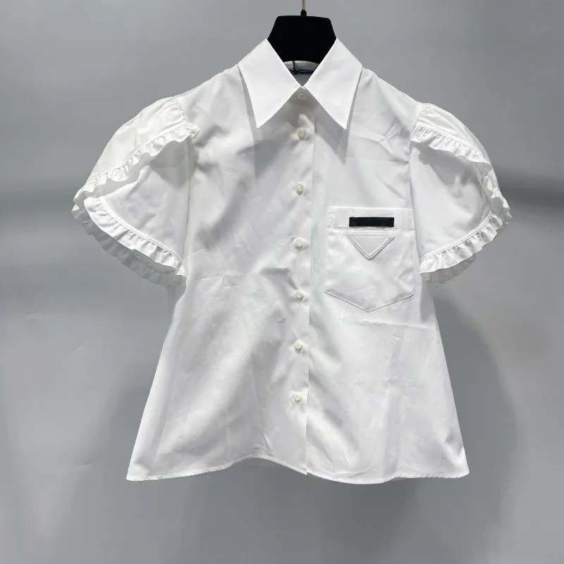 Preppy Style Sweet White Shirt Female Ruffle Short Sleeve Blouse Fashion Loose Fit Cotton Tops Casual Women Lapel Solid Shirts