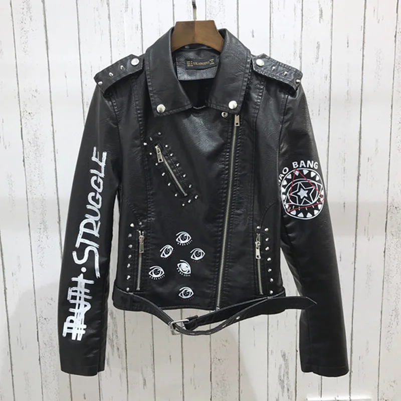 FMFSSOM Spring  Women Faux Leather Jacket Turn-Down Collar Letter Print Epaulet Rivet Zipper lady letter vintage Biker Outerwear