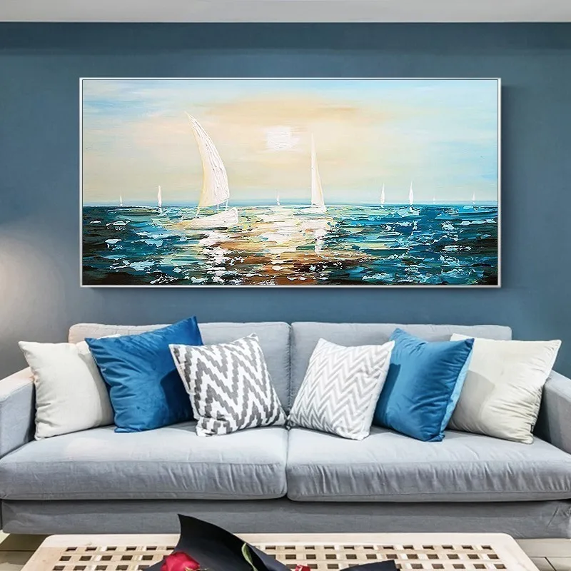 Substantiallyhand-painted Oil Painting Sunrise Sailing Banner Nordic Living Room Sofa Backdrop Decorative Painting Paintin