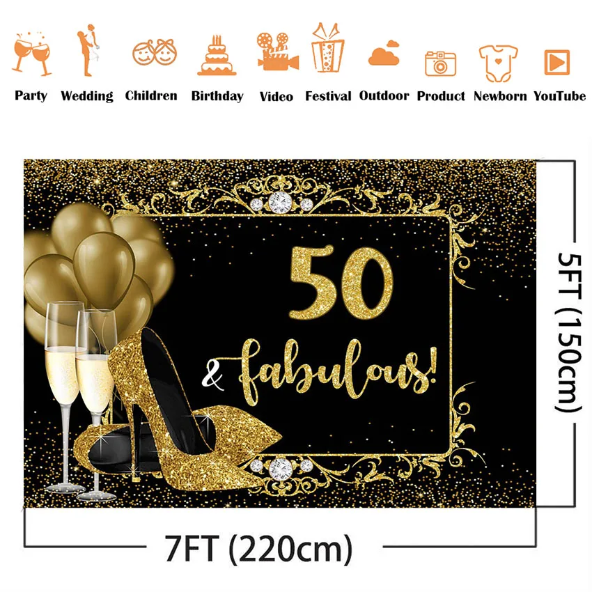 Happy 50th birthday fabulous backdrop High heels Champagne Gold Glitter Photo Background Studio fifty birthday party decorations