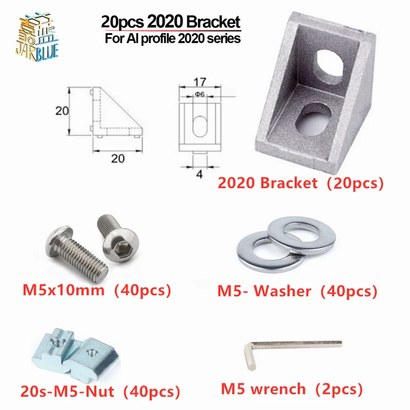 

20pcs T Slot 2020 Series Aluminum Extrusion Profile Corner Angle Bracket Connector With T Slide Nut And Screw And Wrench Tools