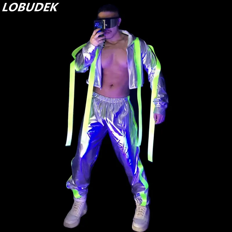 

Silver Patent Leather Bandage Hooded Jacket Pants Set Hip Hop 2 Piece Men's Sexy Gogo Nightclub Bar Fluorescent DS Show Costume