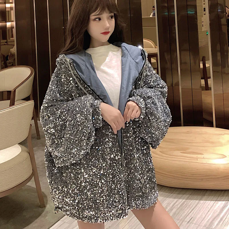 Outerwear Sequins Fashion Hooded Women Cotton Jacket 2024 Winter New Large Size Thick Loose Korean Women\'s Cotton Jacket JK244