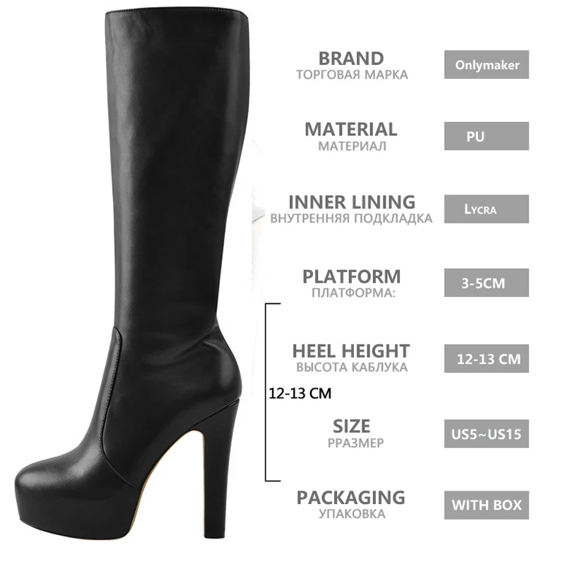 Onlymaker Women Knee High Boots Round Toe Black Matte Leopard  White Side Zipper Winter Fashion Party Dress Big Size Boots