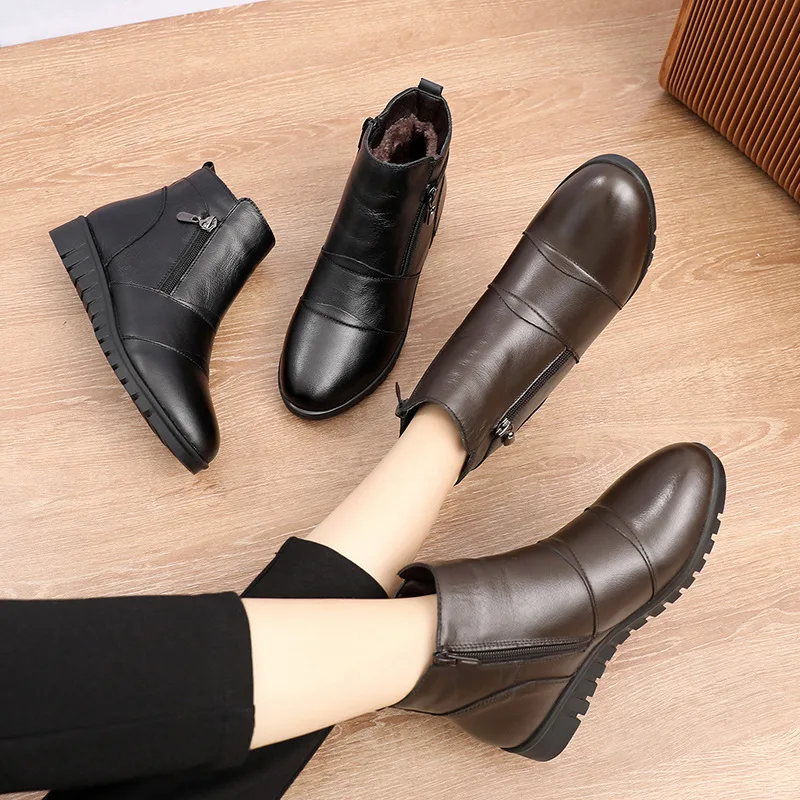 

Fashion Ankle Boots Women Genuine Leather Flats Boots Winter Shoes Woman Warm Non-Slip Black Brown Women Boots 698