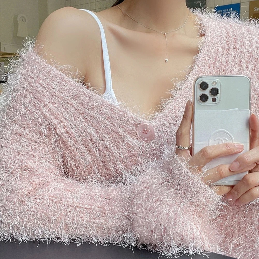 Korean Autumn Sweet Sexy V Neck Mohair Pink Knitted Sweater Crop Long Sleeve Cardigan Temperament Elegant All-match Solid