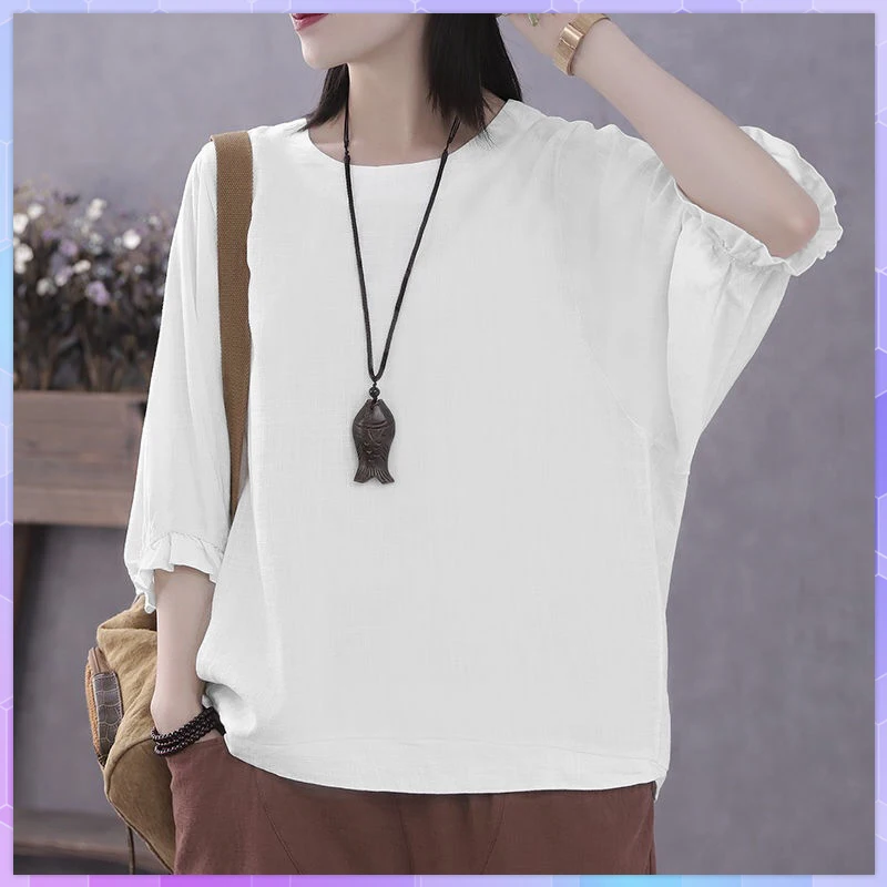 

Retro Solid Half sleeved T-shirt Female 2021 Summer Cotton And Linen T-shirts O-neck Batwing Sleeve Top Women's Plus Size Tops