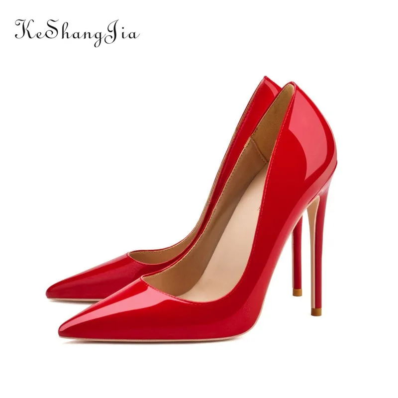 Ke Shang Jia Red High Heel Bottom Shoes Women Pointed Pumps Nude/Black Patent Leather 8cm 10cm 12cm  Thin Heel Women Pumps