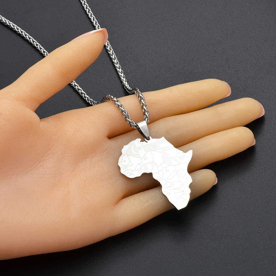 Anniyo Silver Color Stainless Steel Polishing Africa Map Flag Pendant Chain Necklaces African Maps Jewelry for Women Men #126121