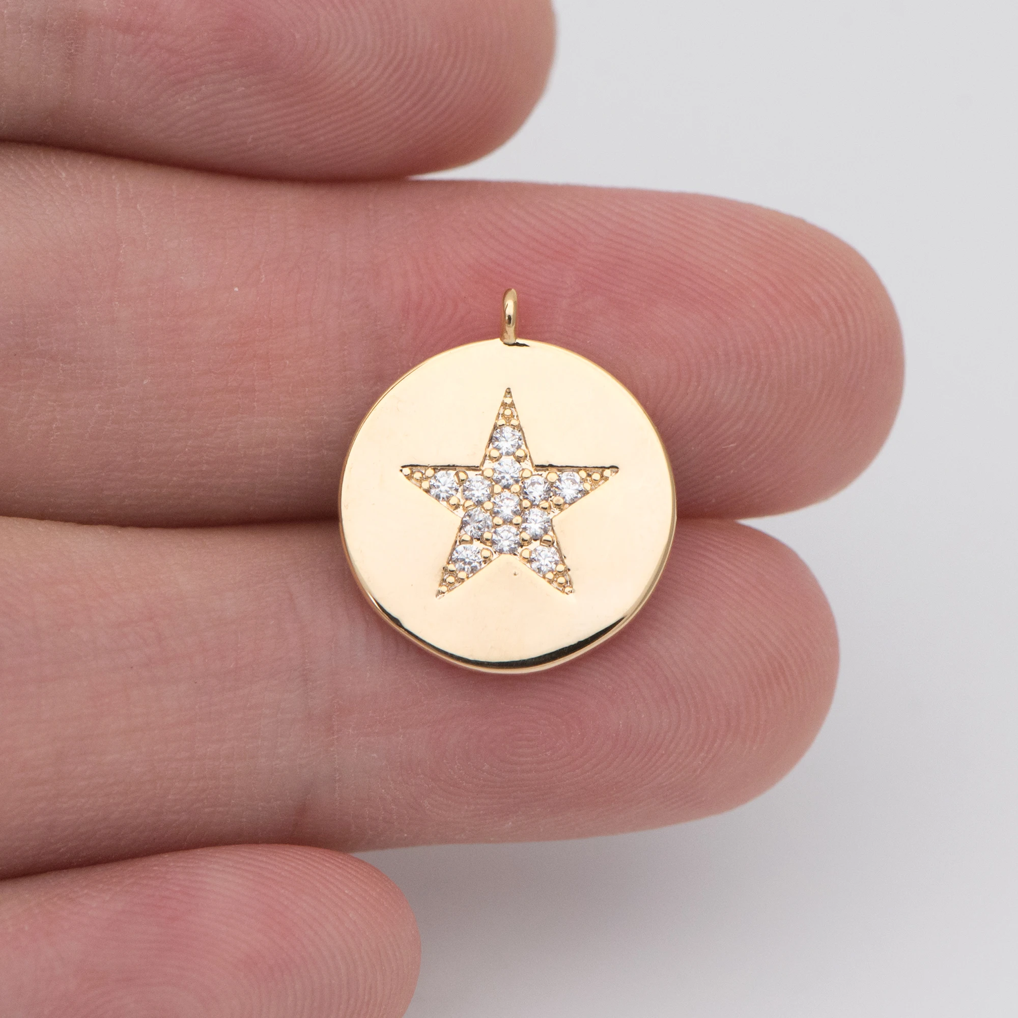 

4pcs CZ Paved Gold Disc Charms 15mm, Real Gold plated Brass, Round Coin Disk Pendants (GB-753)