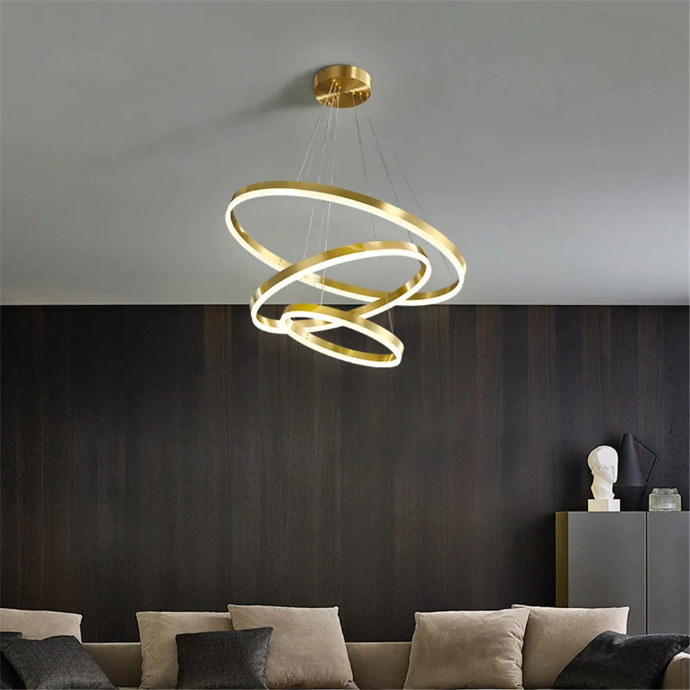 RC يعتم الحديثة Led الفاخرة ثريا نحاسية حلقات الإضاءة المنزلية السقف شنت أضواء الثريا تركيبات إضاءة داخلية