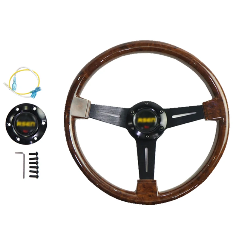 Universail 14 Inch Car Steering Wheel Solid Wood Silver Spokes Modified Racing Steering With Base Adapter Qiuck Release For BMW