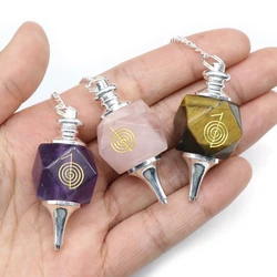 Natural Reiki Chakra Symbol Carving Stone Pendulum for Biolocation Amulet Pendant Chain Quartz Crystal Pendulo Divination Tool