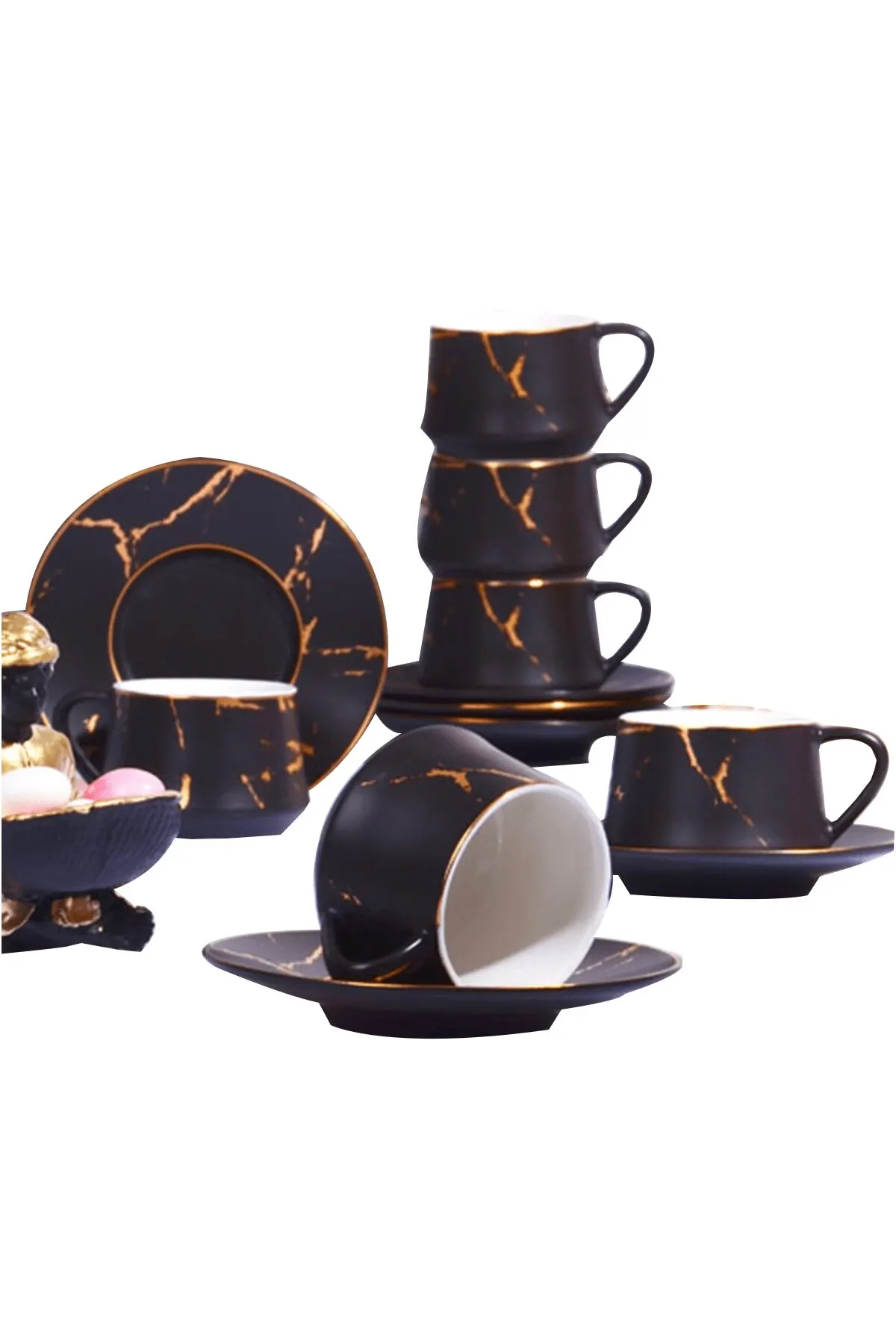 FIN-508 Matte Black 6 s 120cc Coffee Set Cup Pad Black Patterned Ceramic New Fast Shipping