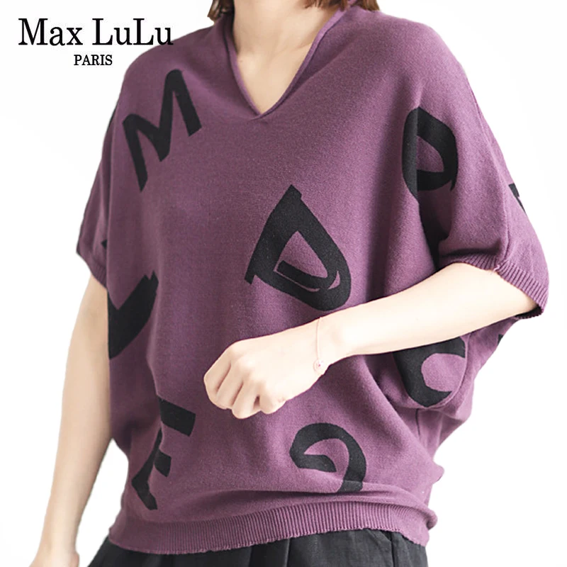 Max LuLu Korean 2021 Design Summer Women V-Neck Knitted Tshirts Ladies Loose Short Sleeve Purple Tee Girl Letters Printed Tops