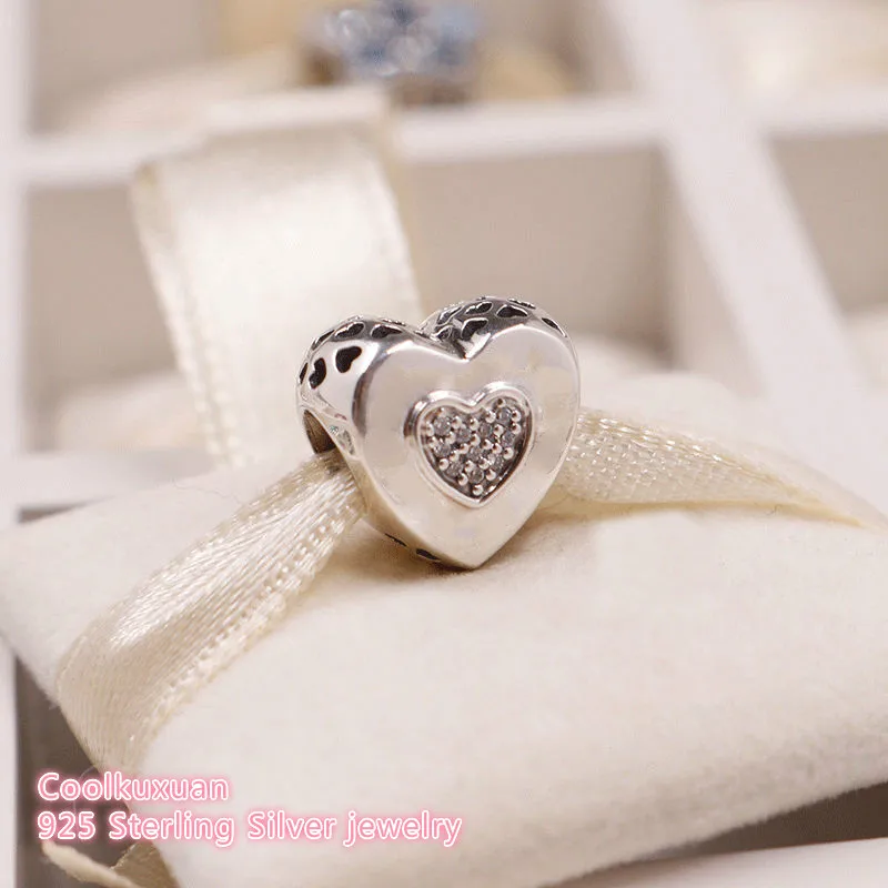 

Autumn 925 Sterling Silver brand Signature Heart Charm, Clear CZ Beads Fit Original Pandora Charms Bracelet DIY jewelry