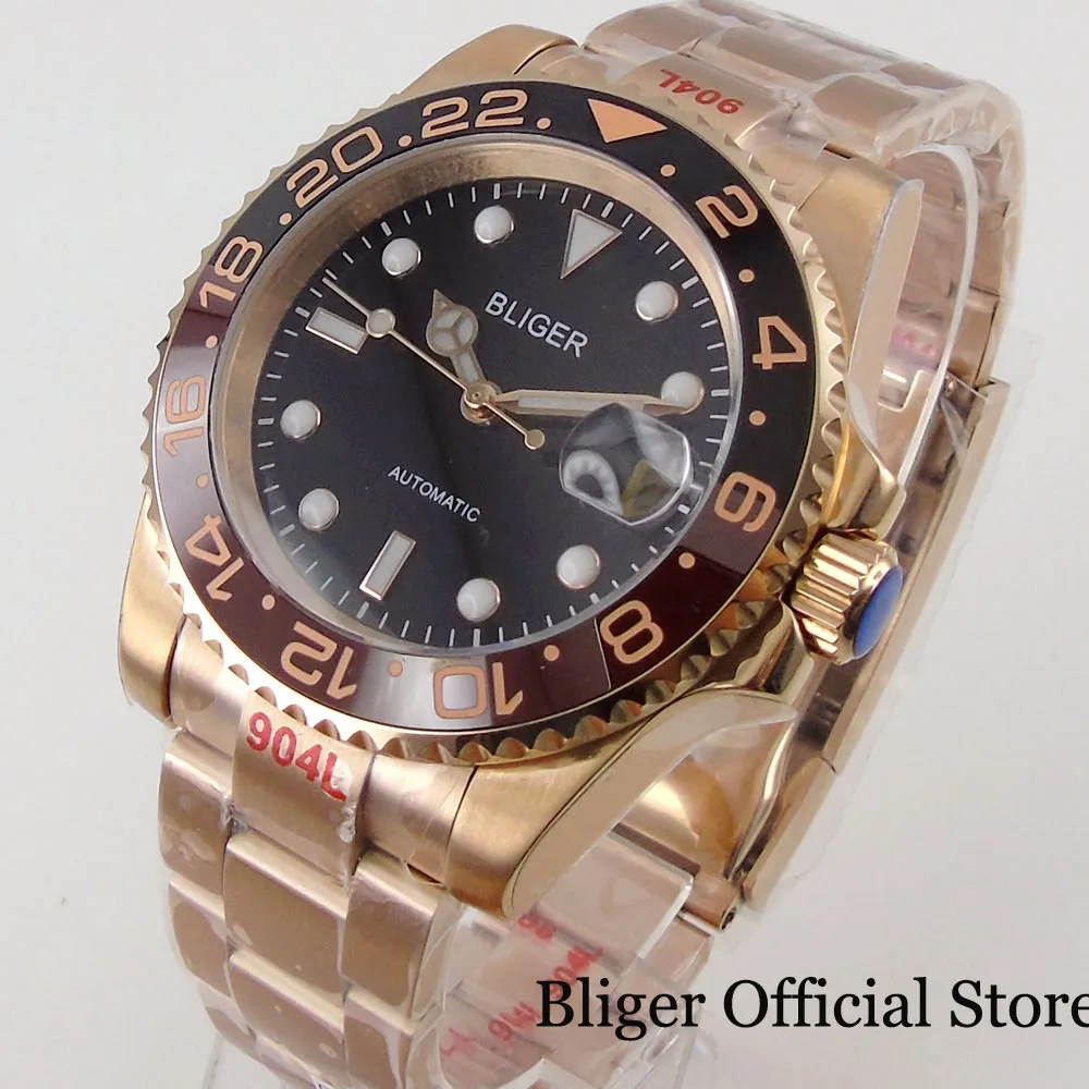 BLIGER PT5000 NH35A Rose Gold Automatic Men Watch Jubilee Steel Band Black Coffee GMT Insert Date Magnifier Screw Crown