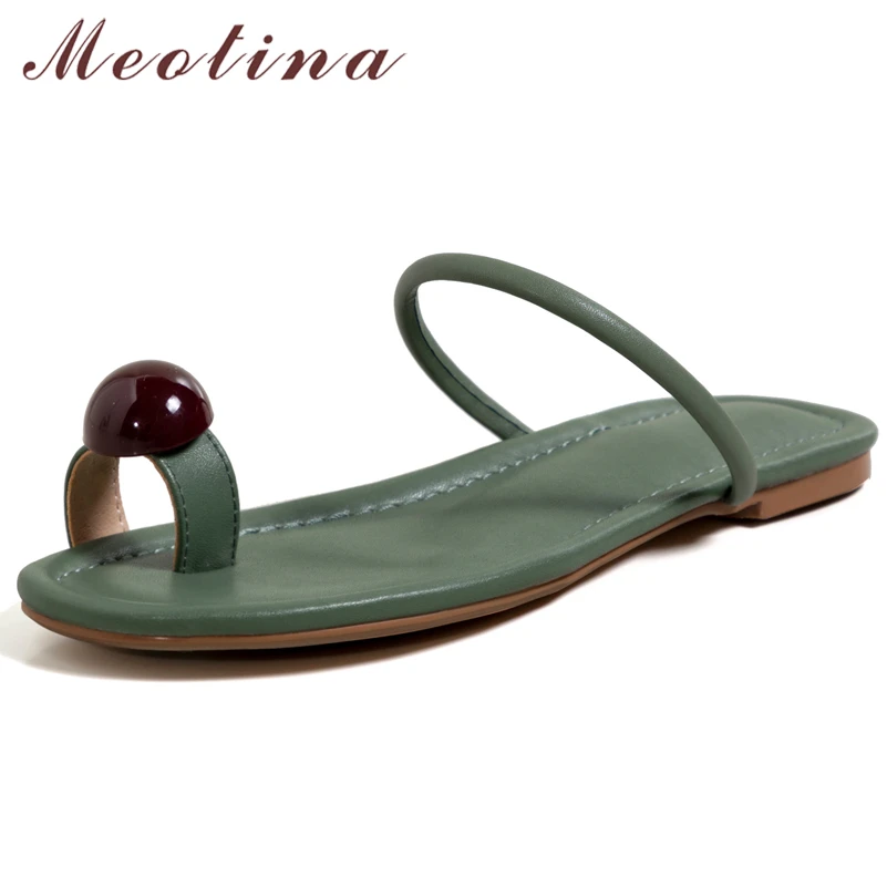 

Meotina Women Genuine Leather Sandals Flip Flop Round Toe Flat Slides Casual Ladies Slippers 2021 Beach Shoes New Green Brown 40