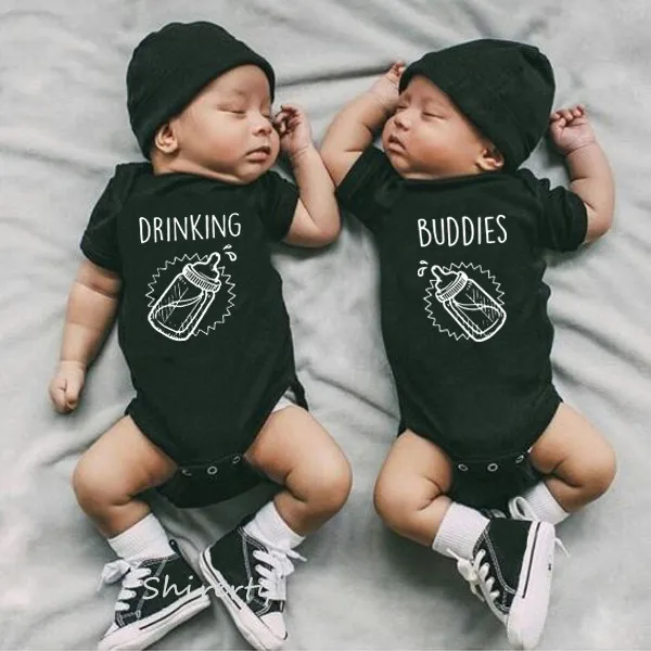 

Summer Cotton Baby Girls Boys Rompers Short Sleeve Print Letter Drinking Buddies Newborn Baby Clothes Jumpsuit