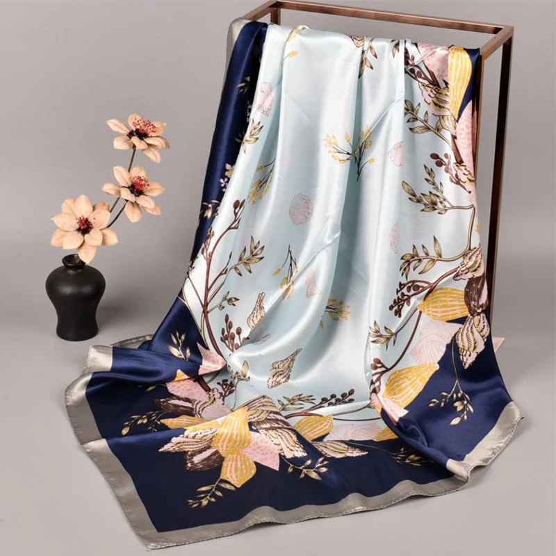 Flower Silk Scarf Women Foulard 90*90cm Square Head scarf Ladies Elegant Shawl Wrap Female Leaves Hijab Conchonch plant Scarves