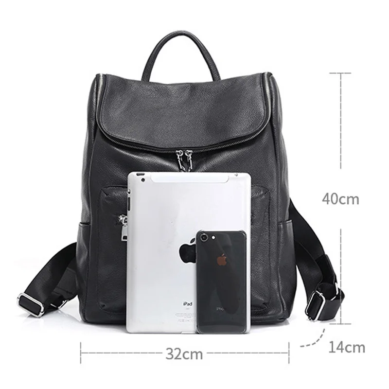 Zency Unisex Backpack 100% Genuine Leather Large Capacity Travel Outdoor Bag Classic Black Big Knapsack High Quality Schoolbag