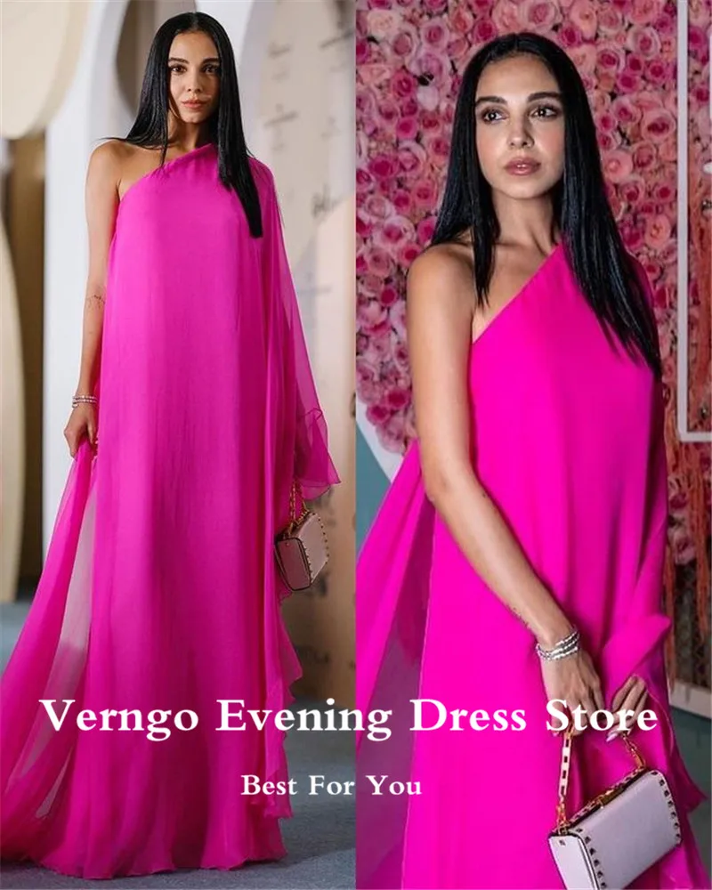 Verngo Simple Fuschia Silk Chiffon Straight Evening Dresses One Long Sleeve Dubai Women Prom Dress Plus Size Formal Dress