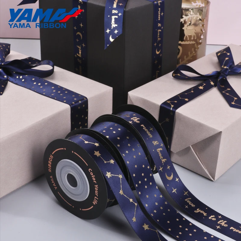 YAMA-Gold Foil Printed Ribbon, Organza Satin, Ombre Gold, Navy Ribbons, DIY Gift Packaging Decoration, 9mm, 16mm, 19mm, 22mm, 10