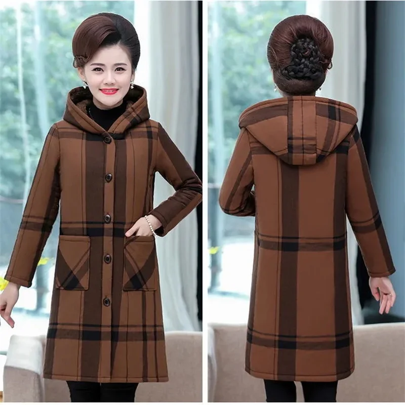 2022Size 5XL Velvet Thick Cotton Winter Padded Jacket Middle-Aged And Elderly Women's Parka Long Mother's Hooded Coat Grid parka