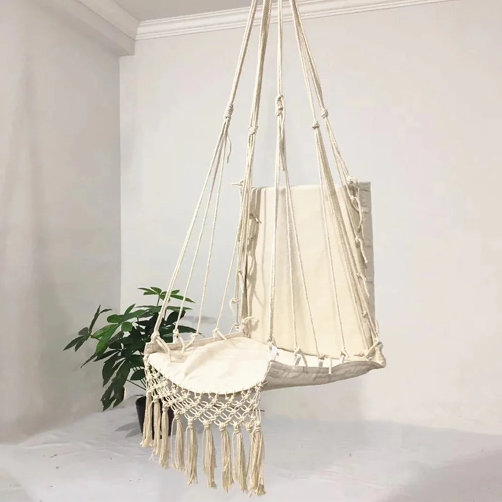 Canvas Swing Hanging Hammock Cotton Rope Tassel Tree Chair Seat Patio Outdoor Indoor Garden Bedroom Safety Hanging Chair