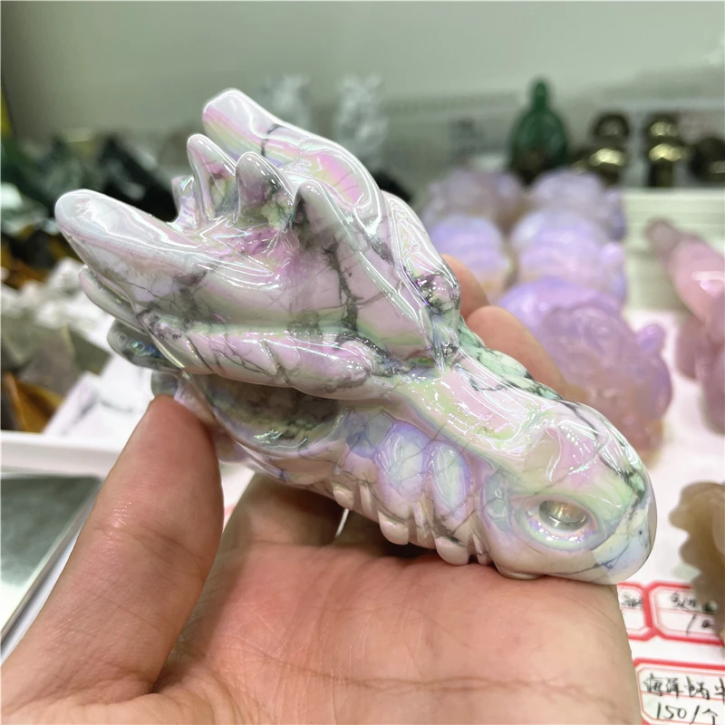 4inch Natural Aura Howlite Crystal Handmade Carved Dragon Head Skull Polished Animal Powerful Statue for Home Decoration Gift