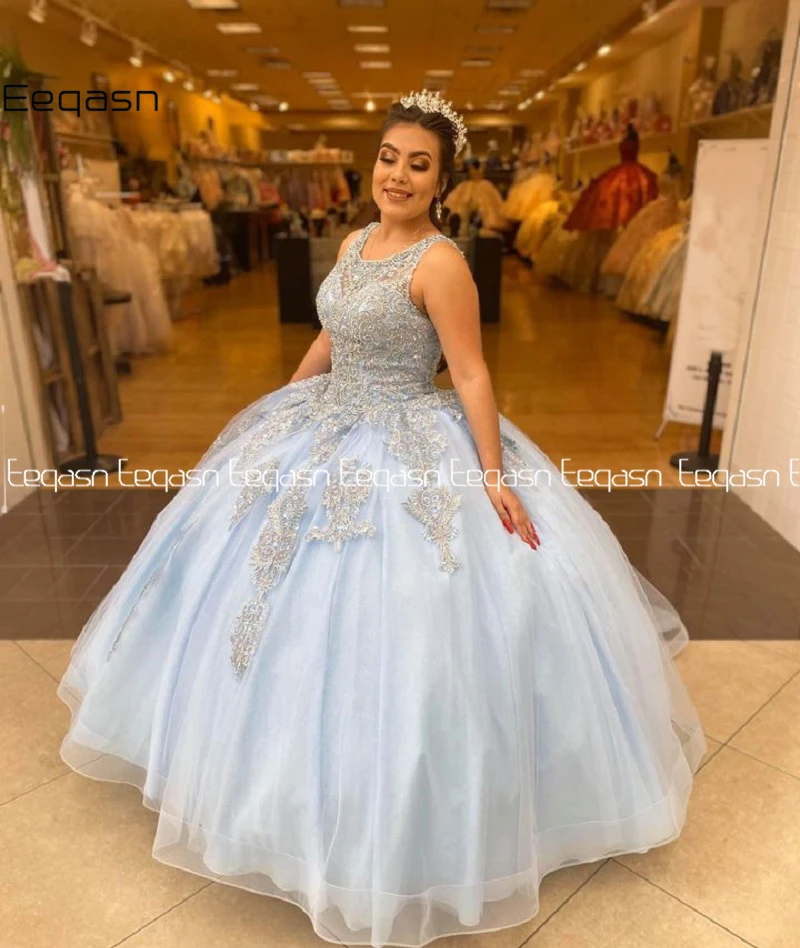 Elegant Sky Blue Baljurk Quinceanera Jurken 2021 Kralen Kant Applique Sweet 16 Dress Masquerade Party Wear Formele