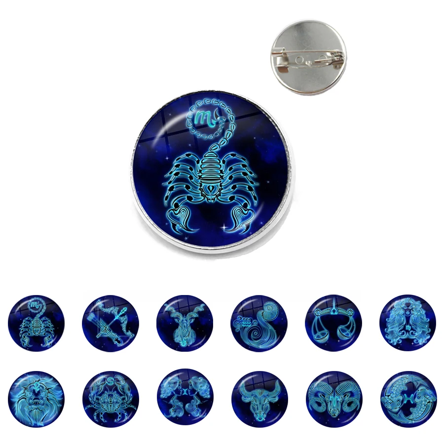 Fashion 12 Constellation Brooches Zodiac Signs Picture 20/25mm Glass Cabochon Collar Pins Jewelry For Women Men Birthday Gift