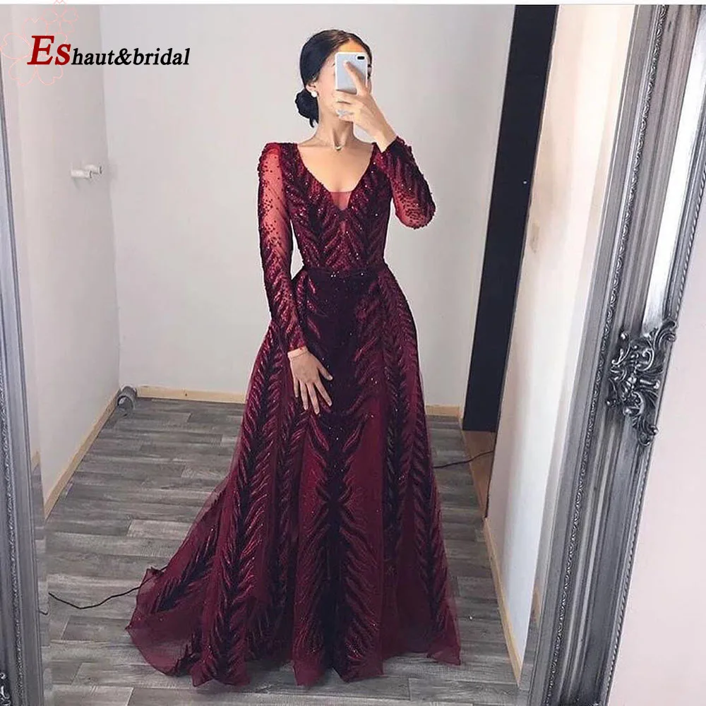 Elegant Mermaid Evening Dresses for Women 2024 V-Neck Long Sleeves Velvet Crystal Formal Wedding Prom Party Gowns Customized