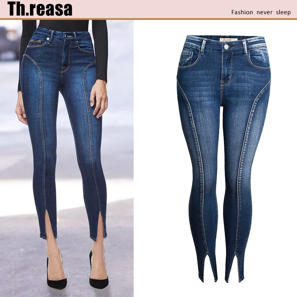 

Jeans New Mid-waist Bouncing Open Fork Pants Feet Tide High-quality Wash Water Nine-point Jeans