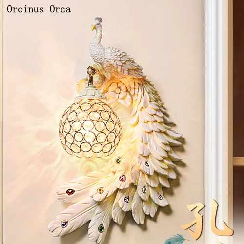 

New creative Colorful Peacock crystal wall lamp living room corridor bedroom bedside lamp American Golden Phoenix wall lamp