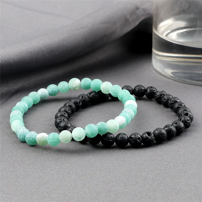 2Pcs/Set  Black Lava Beaded Bracelet For Women/Men 6mm Natural Weathered Stone Couples Elastic Bracelets&Bangles Jewelry Gifts