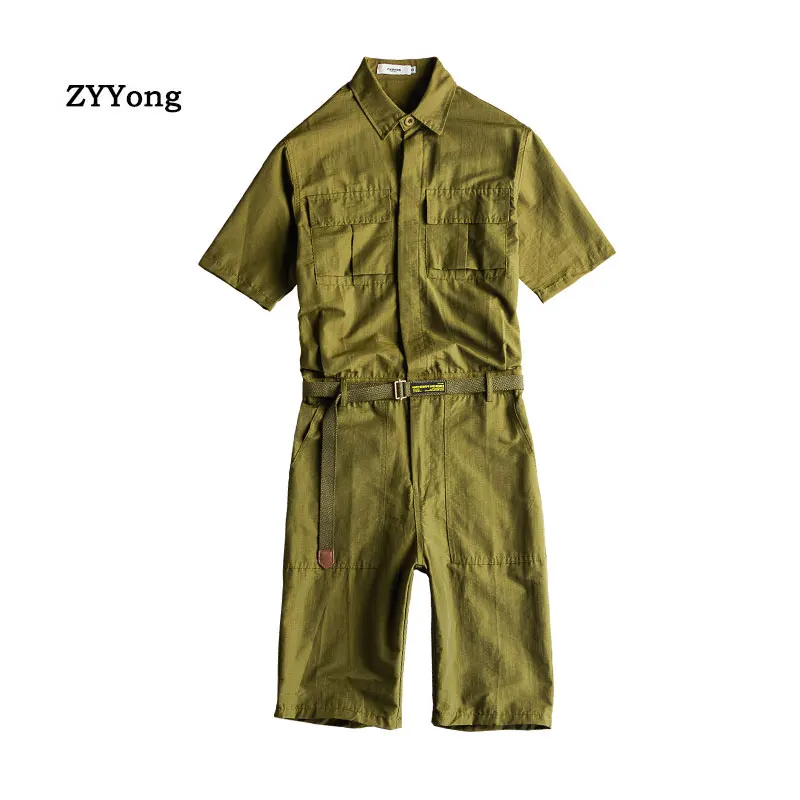 ZYYong  Men Cargo Overalls Punk Style Hip-hop Pockets Pants Loose Solid Short  Sleeve Rompers Men  shorts Jumpsuit Streetwear