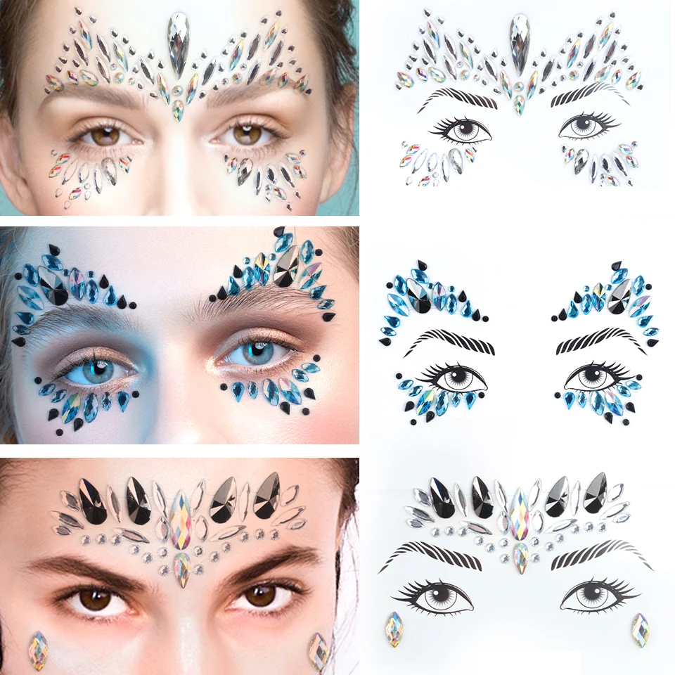 3D Sexy Face Tattoo Stickers Shiny Face Decoration Glitter Fake Tattoo Rhinestones Trendy Acrylic Drill Temporary Tattoo Sticker