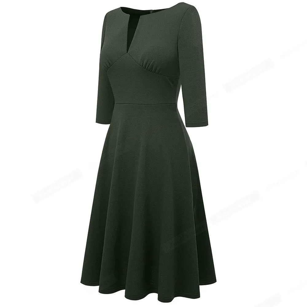 Women Brief Elegant Solid Color 3/4 Sleeve Notch V Neck Slim Fitted A-Line Dress HA289