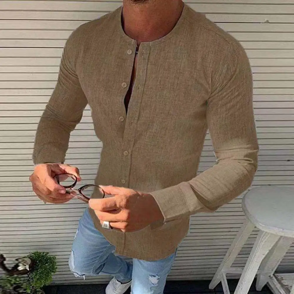 Drop ship Solid cotton and hemp round neck long sleeve men's shirt