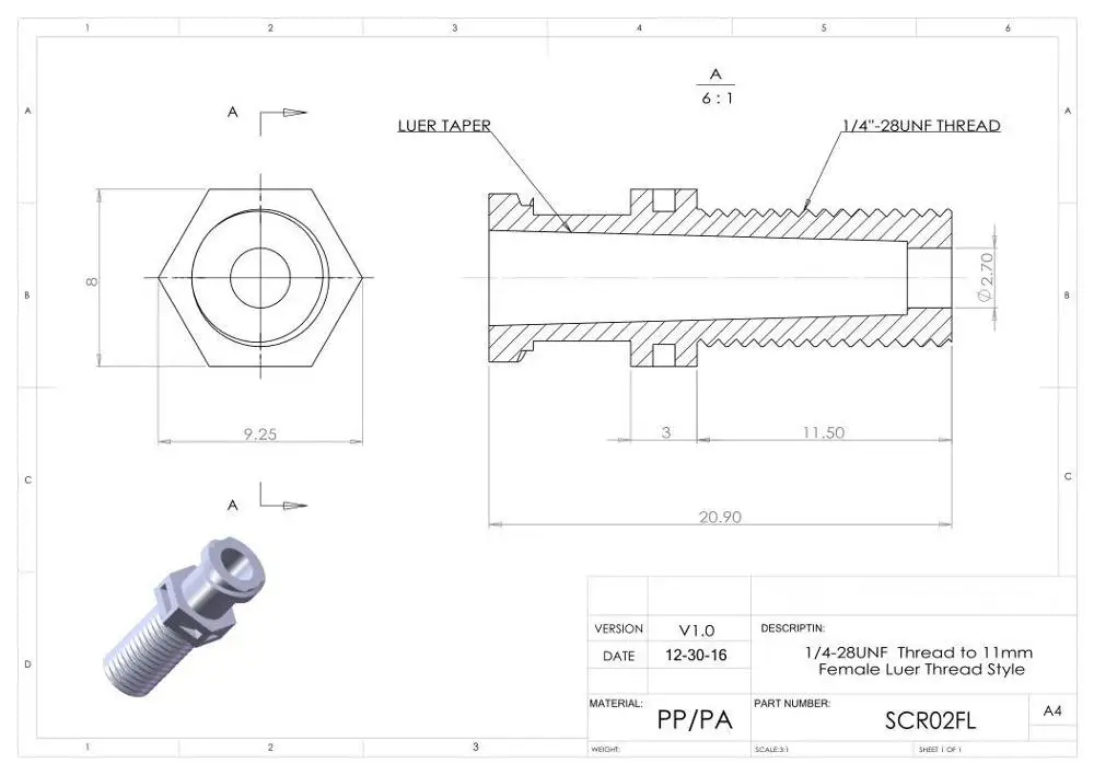 1Pc Female Luer to Thread fittings - Male thread 1/4-28UNF, 1/8-27NPT