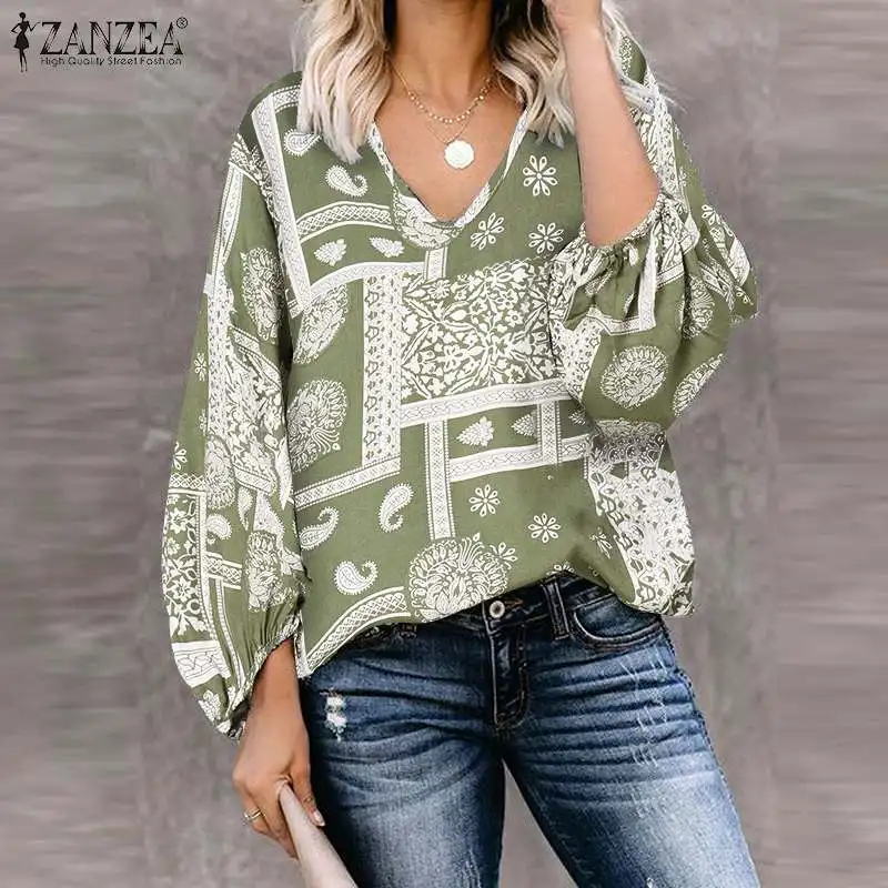 ZANZEA Women Blouse Autumn V Neck Long Sleeve Shirt Vintage Floral Printed Holiday Tops Femme Casual Party Blusas Loose Tunic